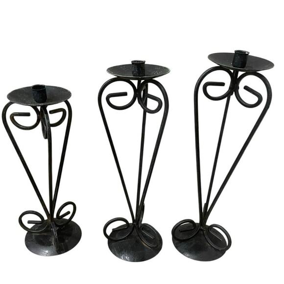 VINTAGE FRENCH COUNTRY PILAR CANDLE STICK DECOR SET OF 3 IRON BOHO GRUNGE - Picture 7 of 12